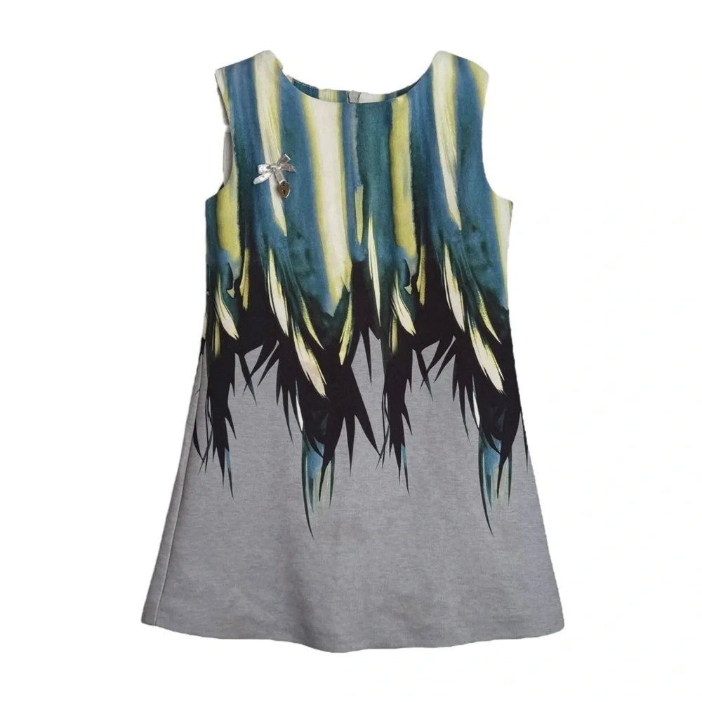 Carlucci Kids Sleeveless Feather Print Dress Girl Size 3T Gray Blue Formal Lined